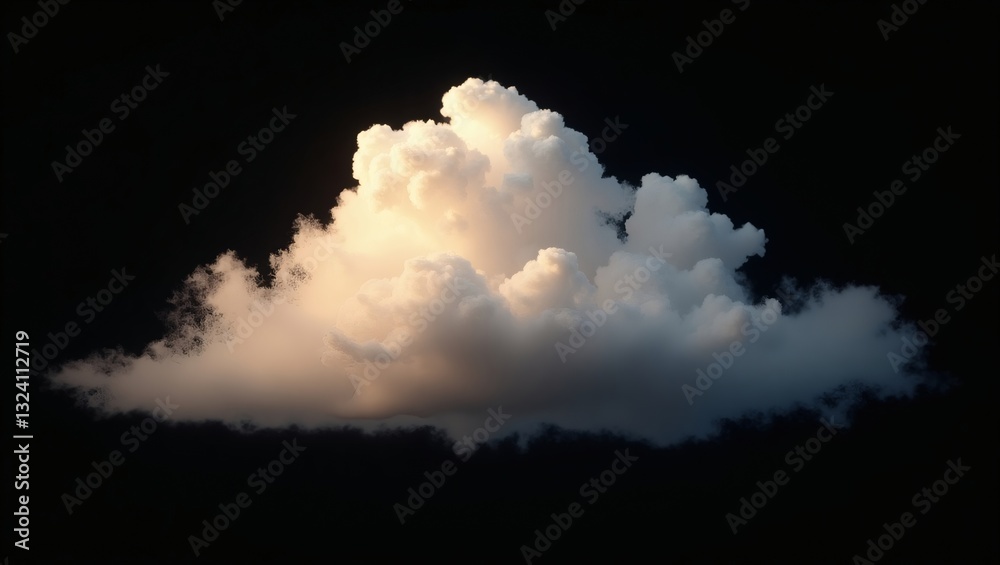 Poster a fluffy cloud isolated against a dark background, illuminated by a soft glow