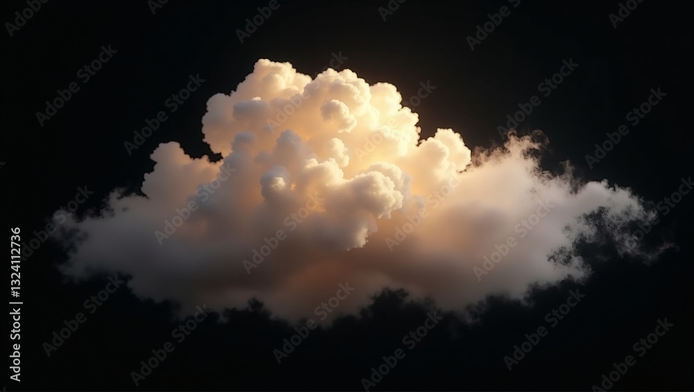 Poster a single, fluffy cloud illuminated against a dark background. the cloud has soft edges and a gentle 