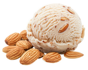 Creamy almond flavored ice cream scoop surrounded by toasted almonds, evoking delightful and indulgent treat. Perfect for dessert lovers
