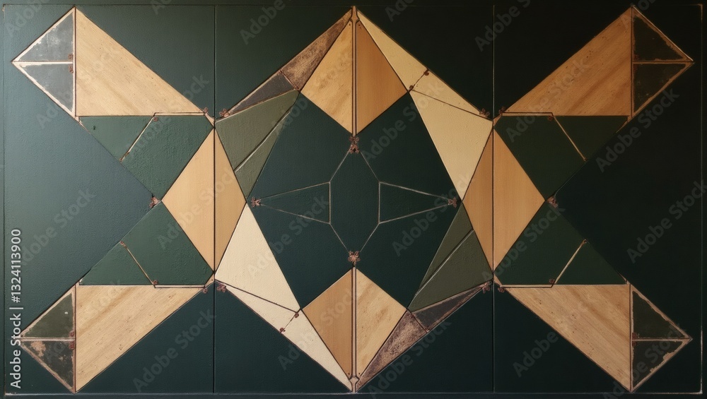 Poster abstract geometric pattern with triangles and diamonds in a wooden style on the wall