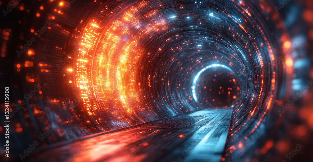 Fototapete A vivid tunnel represents the concepts of quantum mechanics, showcasing bright colors that embody superposition and entanglement while suggesting advanced algorithms and optimization.
