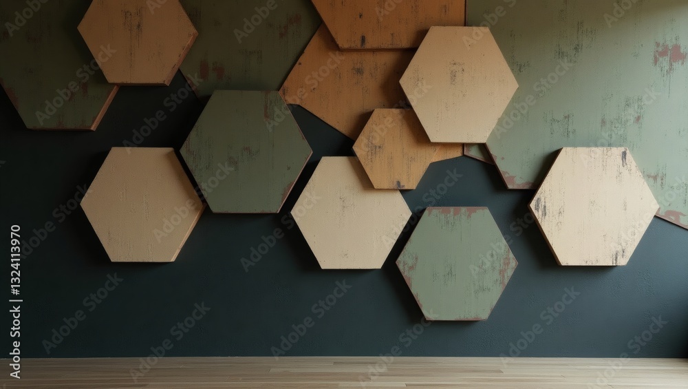 Poster a modern wall design featuring hexagonal tiles in various colors. The tiles create a unique and stylish pattern