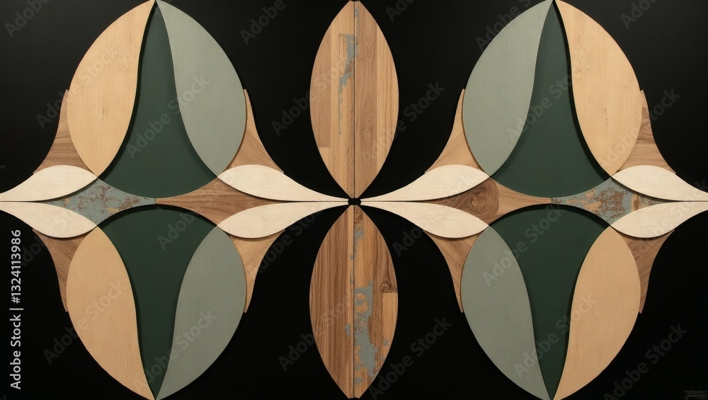 Poster geometric pattern wall decoration with symmetric design and various wood color tones and shades