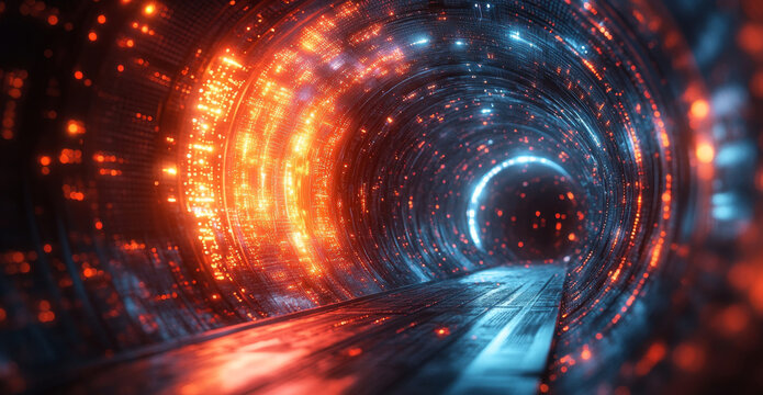 A vivid tunnel represents the concepts of quantum mechanics, showcasing bright colors that embody superposition and entanglement while suggesting advanced algorithms and optimization.