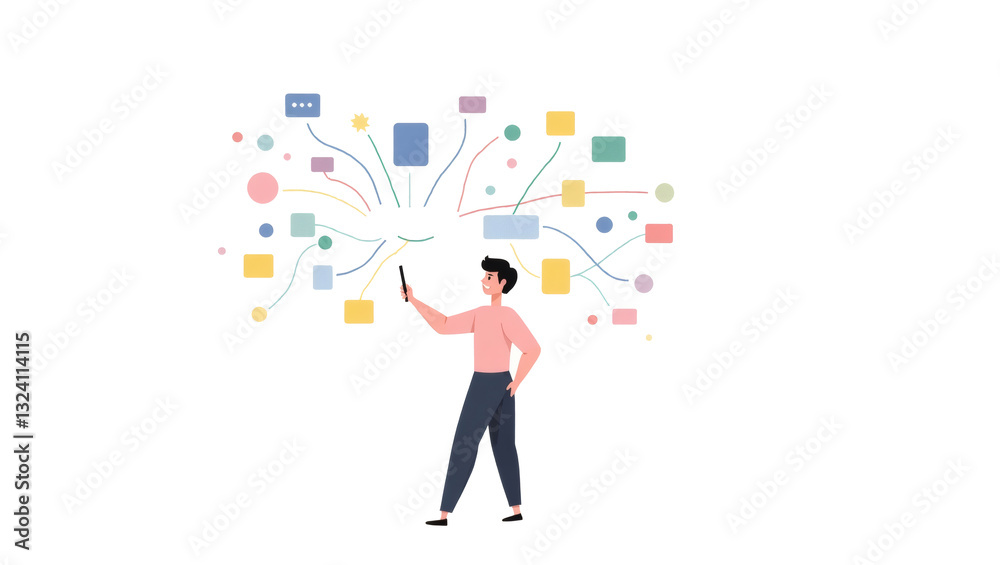 Poster a man using smartphone connected to many colourful graphic design elements representing ideas and concepts