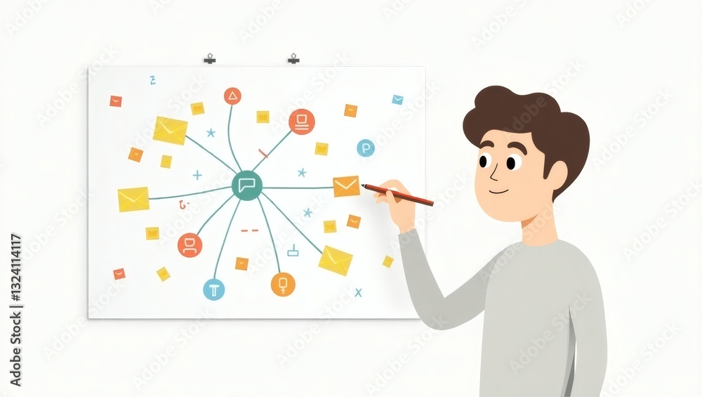 Poster a man drawing network diagram on paper, concept of business information technology and social networ