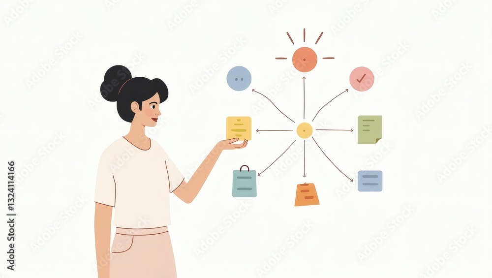Poster a woman standing in front of a mind map, pointing at a sticky note