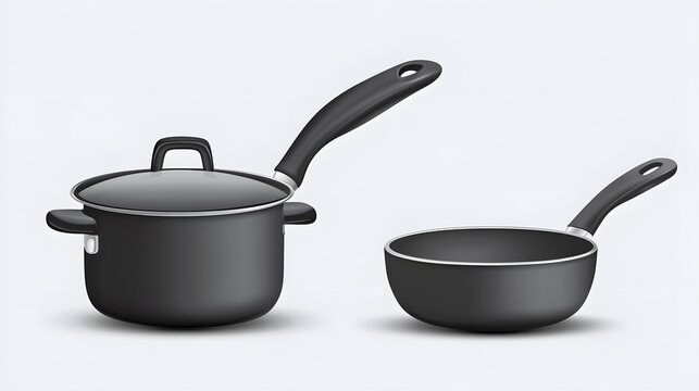 Professional Realistic Set of Pans and Pots Including Frying Pan and Saucepan