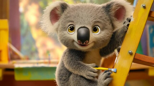 Cute cartoon koala character climbing a colorful wooden ladder