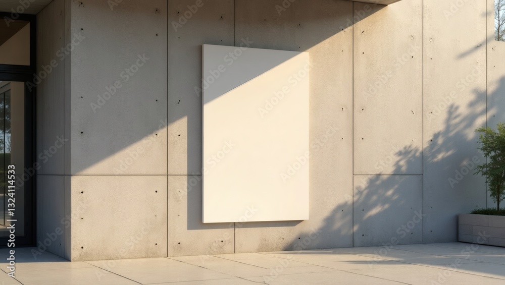 Poster a blank canvas with a shadow on a concrete wall, the scene is minimalist with modern architecture.