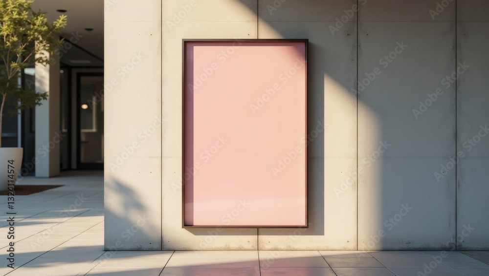 Poster an empty pink poster on a building wall. it is in sunlight and next to the tree