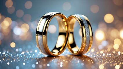 Panoramic banner featuring two standing gold wedding bands representing love and romance against a textured backdrop, with space available for your greeting or congratulations.