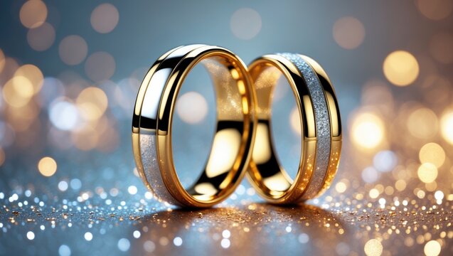 Panoramic banner featuring two standing gold wedding bands representing love and romance against a textured backdrop, with space available for your greeting or congratulations.