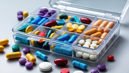Pill box for daily medication, featuring colorful pills, tablets, and capsules. Drugs intended for treatment and healing. Medication displayed in a clinic on a white background, providing copy space.