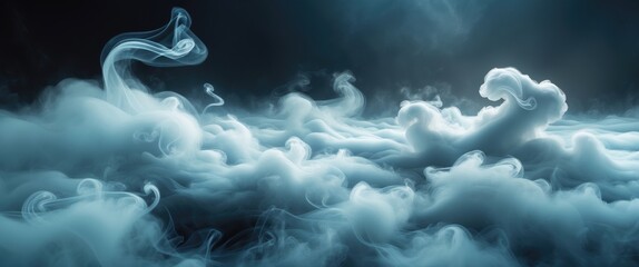 Panoramic view of the abstract fog. White cloudiness, mist, or smoke drifts across a black background. Stunning swirling gray vapor. Wide angle horizontal wallpaper or web banner.