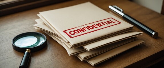 Desk of a private investigator featuring envelopes.
