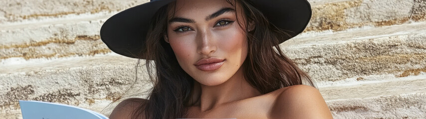 Obraz premium Woman with wide-brim hat reading a magazine while relaxing on outdoor stairs