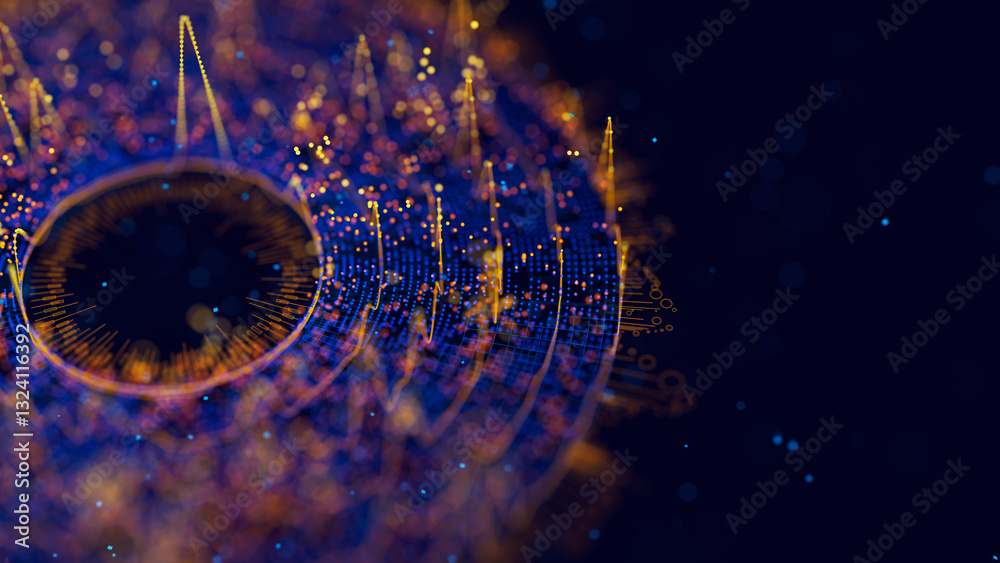 Poster big data complex round graph. quantum computing universe. cyber space of ai technology. futuristic g