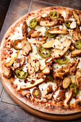 Gyros Pizza with jalapeno pepper and mozzarella cheese. Soft focus. Close up.	