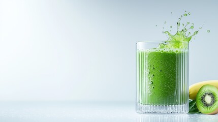Vibrant Green Smoothie Splash in a clear glass, Minimalist white background