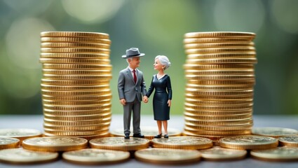 Pension insurance for retirees and social security tax, financial concept   Elderly retired couple stands amidst stacks of coins, illustrating a long-term investment approach for an aging population.