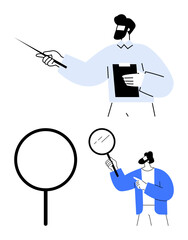 Man presents with pointer and clipboard investigates using magnifying glass alongside a circular diagram. Ideal for education, research, business analysis, inspection, teaching, guidance, discovery