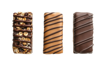 Obraz premium Chocolate, nuts and cereal bars falling on transparent background