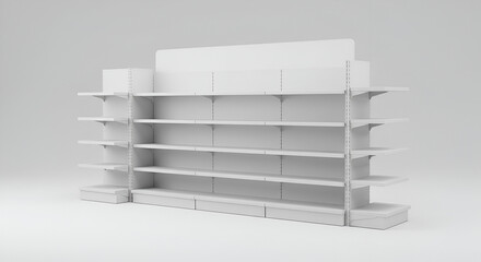 white isolated empty 3D rendering showcase background podium racked display shop blank store market shelf supermarket retail rack equipment shelving,space, gondola, render