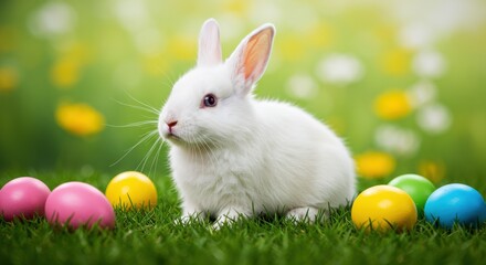 Fototapeta premium Великодній заєць серед яєць (Рівень очей, центральна композиція)