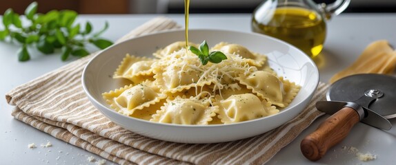 Pasta ravioli presented in a white plate with cheese and herbs, traditional dish recipe against a kitchen backdrop.
