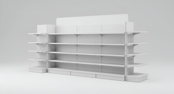 white isolated empty 3D rendering showcase background podium racked display shop blank store market shelf supermarket retail rack equipment shelving,space, gondola, render