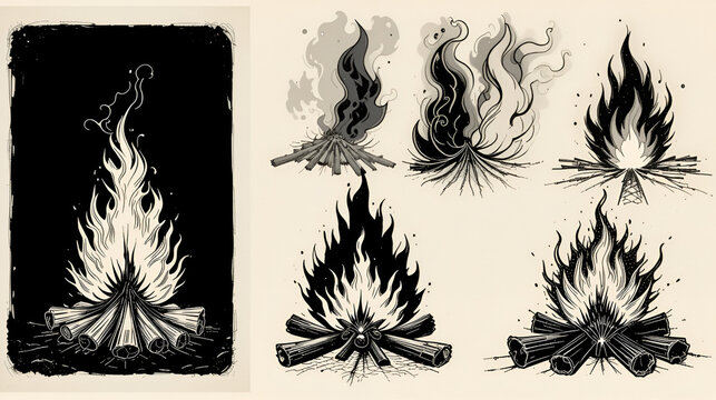 Hand drawn flame. Vintage sketch of devils fire engraving. Retro silhouette of bonfire. Black and white fireplace icons. Wildfire or ignition signs mockup. Vector blaze stencil set