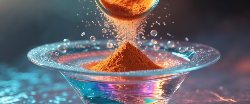 Orange cold paracetamol and salicylamid powder being poured into a glass of water and dissolving with bubbles rising.