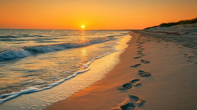 A serene beach scene at sunset, featuring gentle waves and footprints in the sand, capturing the beauty of nature.