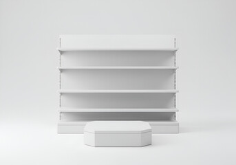 white isolated empty 3D rendering showcase background podium racked display shop blank store market shelf supermarket retail rack equipment shelving,space, gondola, render