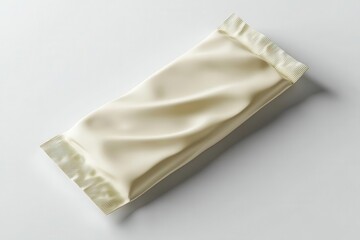 Naklejka premium realistic white chocolate bar packaging mockup with elegant flow wrap design, partially unwrapped to reveal the product inside, displayed on a clean white surface with subtle shadows