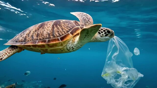 Sea turtle swimming underwater with plastic bag, highlighting ocean pollution