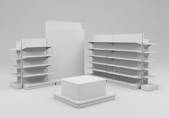 white isolated empty 3D rendering showcase background podium racked display shop blank store market shelf supermarket retail rack equipment shelving,space, gondola, render