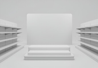 white isolated empty 3D rendering showcase background podium racked display shop blank store market shelf supermarket retail rack equipment shelving,space, gondola, render