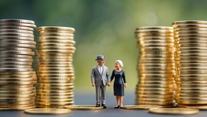 Pension insurance for retirees and social security tax, financial concept. An elderly couple stands among piles of coins, illustrating a long-term investment approach for an aging population.