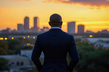 Fototapeta premium rear view of confident african american executive in tailored navy suit gazing at dramatic urban skyline at golden hour, symbolizing ambition and achievement in the financial world