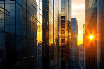 reflective skyscraper business office buildings with mirrored glass facades capturing sunset hues, creating a geometric symphony of golden light and urban sophistication in a modern metropolis skyline