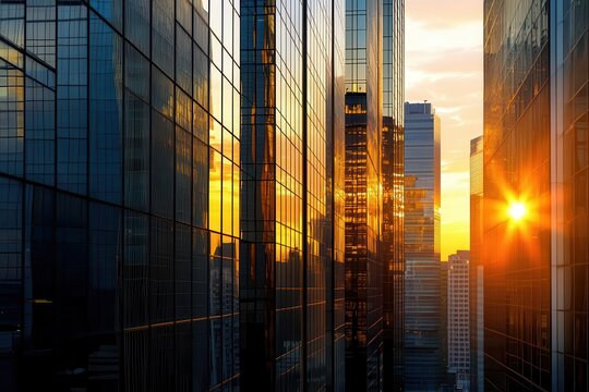 reflective skyscraper business office buildings with mirrored glass facades capturing sunset hues, creating a geometric symphony of golden light and urban sophistication in a modern metropolis skyline