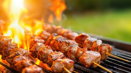 Grilled meat skewers over an open flame.