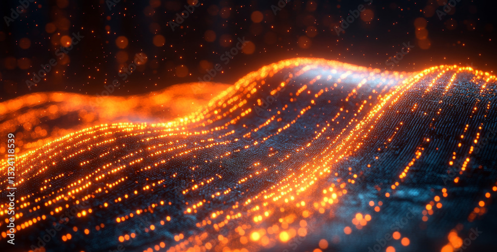 Fototapete The image showcases a vibrant representation of quantum computing principles, featuring glowing particles and flowing waves that symbolize superposition, entanglement, and decoherence.