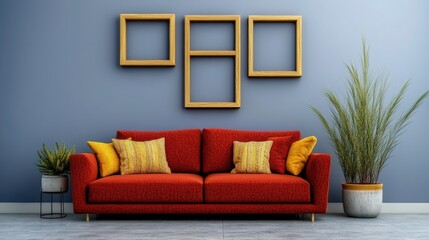 Cozy living room with a red sofa and decorative frames.