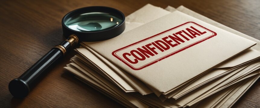 Desk of a private investigator featuring envelopes.