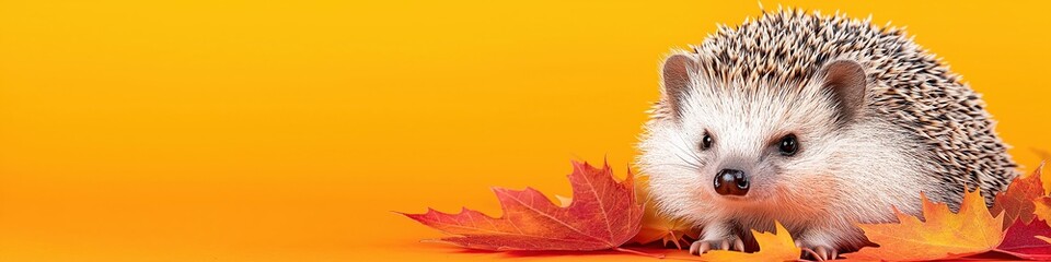 Fototapeta premium A hedgehog is laying on a pile of autumn leaves, wide panoramic banner with copy space.