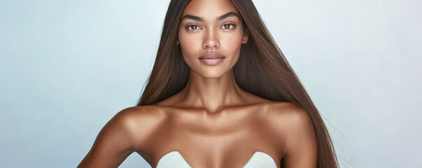 Elegant portrait of a woman with silky hair and radiant skin against a soft backdrop