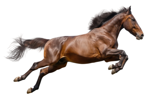 A horse with a long mane and tail is running isolated on white or transparent background, png clipart, design element. Easy to place object on any other background.